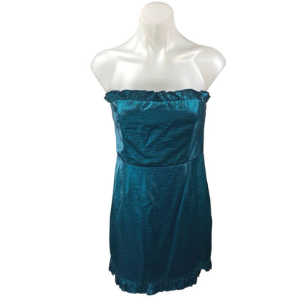 About Us Blue Silk Satin Sleeveless Strapless Ruffle Tube Bandeau Mini Dress M