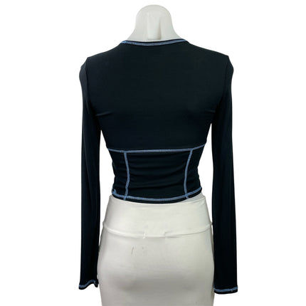 Aritzia Sunday Best Womens Black Stitched Long Sleeves Ribbed Knit Crop Top Sz S