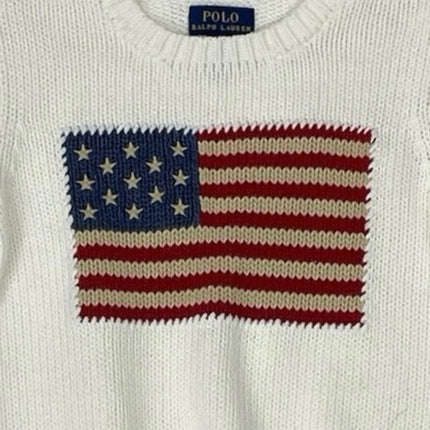 POLO Ralph Lauren Kids White Rib Knit Logo Embroidered USA Flag Sweater Top Sz 7