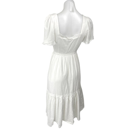 Just Me White Floral Lace Embroidered Puff Sleeve Tiered Midi A-Line Dress Sz S