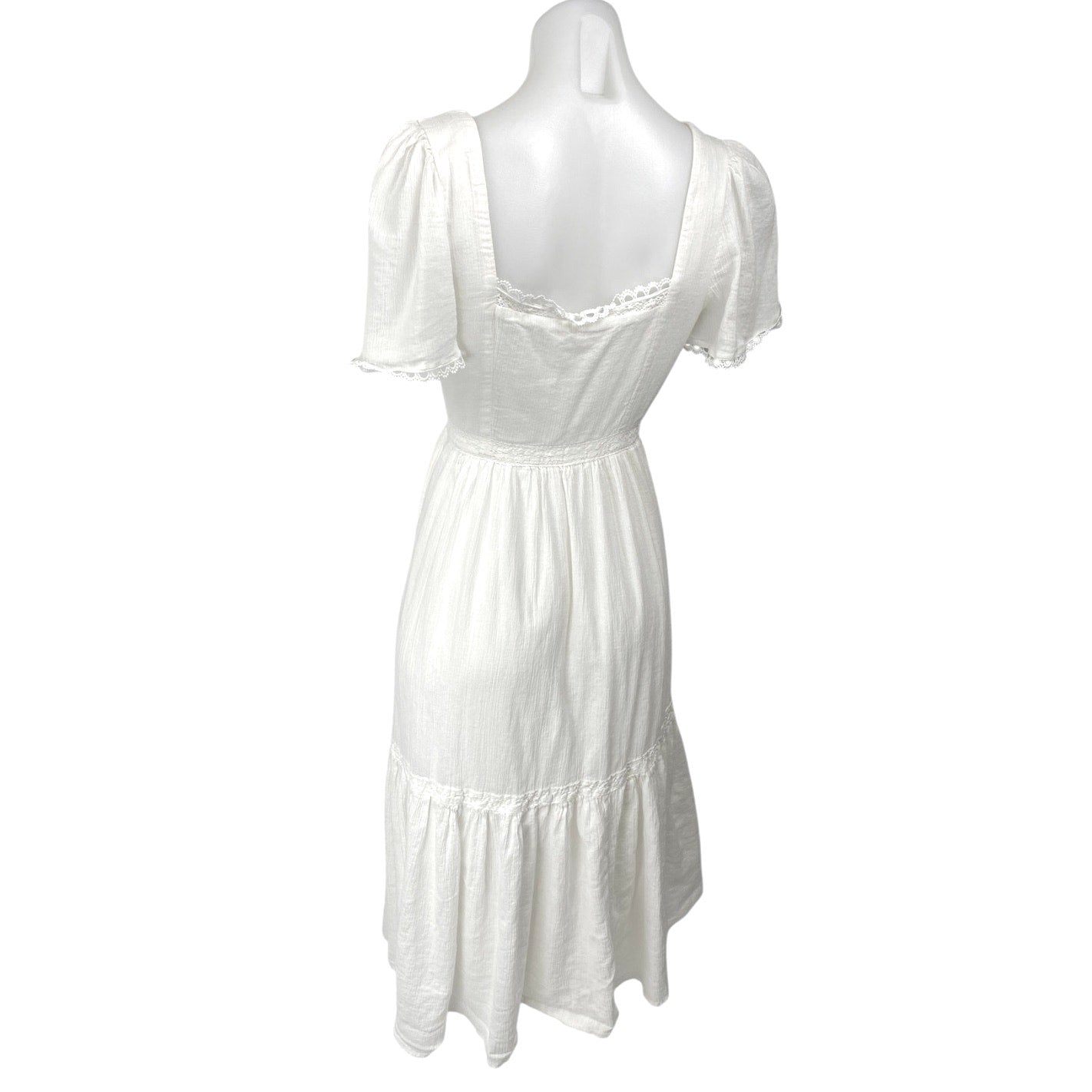 Just Me White Floral Lace Embroidered Puff Sleeve Tiered Midi A-Line Dress Sz S Just Me White Floral Lace Embroidered Puff Sleeve Tiered Midi A-Line Dress Sz S