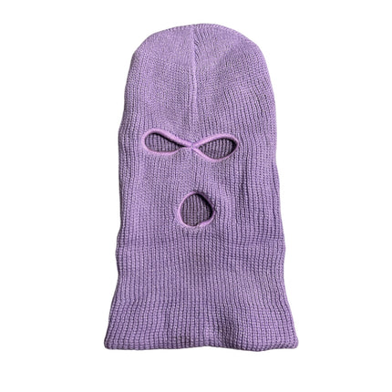 Women's Purple Ribbed Knit 3-Hole Face Neck Winter Balaclava Ski Mask OS