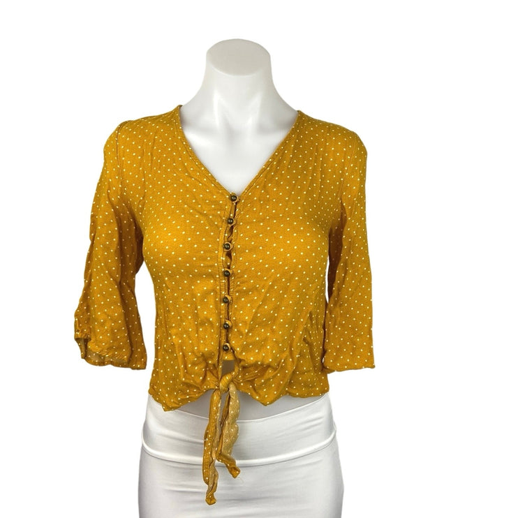 Urban Romantics Yellow Polka Dots 3/4 Sleeve Button Up Tie Hem Blouse Top Size M