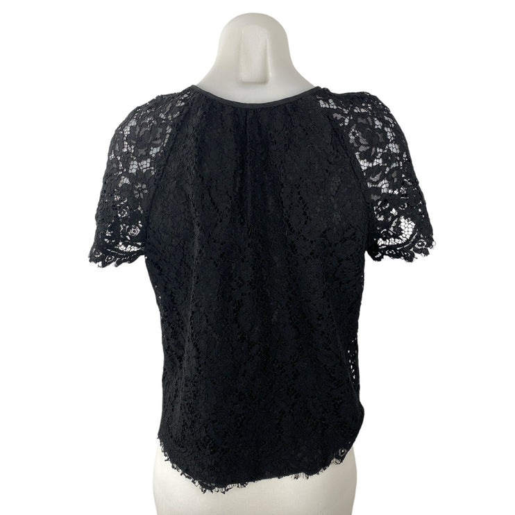J.Crew Women's Black Floral Lace Keyhole Round Neck Short Sleeve Blouse Top Sz S
