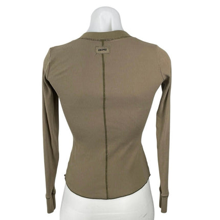 Skims Olive Green Ribbed Knit Sculpt Long Sleeve Henley T Shirt Tee Top Size XS