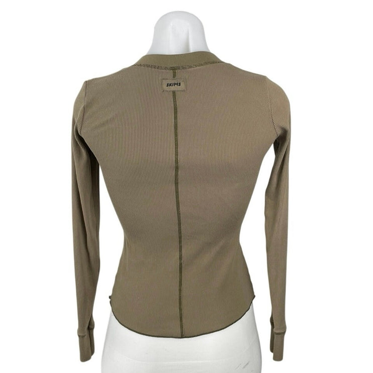 Skims Olive Green Ribbed Knit Sculpt Long Sleeve Henley T Shirt Tee Top Size XS