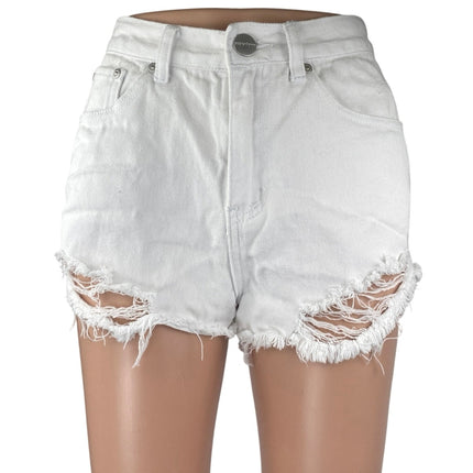Superdown White Distressed Raw Hem High Waisted Denim Jeans Cutoff Shorts Sz 26