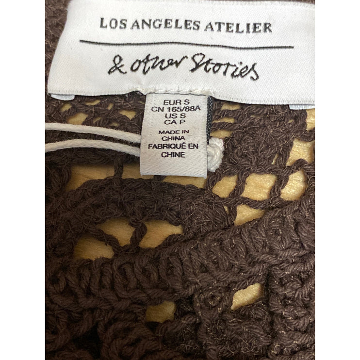 & Other Stories Women Brown Crochet Lace Open Sheer Peplum Knit Blouse Top Sz S