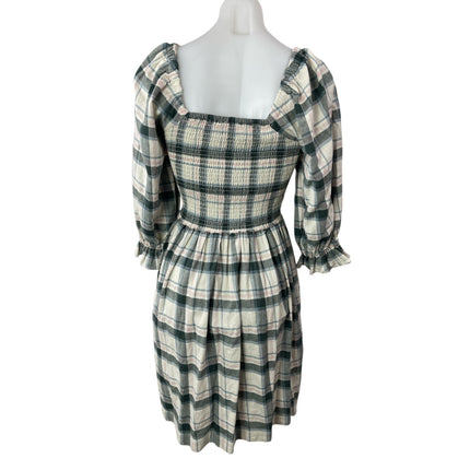 Madewell Lucie Plaid Check Square Neck 3/4 Sleeve Smocked Mini A-Line Dress XXS