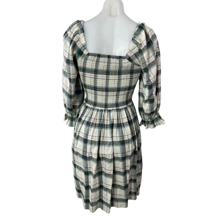 Madewell Lucie Plaid Check Square Neck 3/4 Sleeve Smocked Mini A-Line Dress XXS