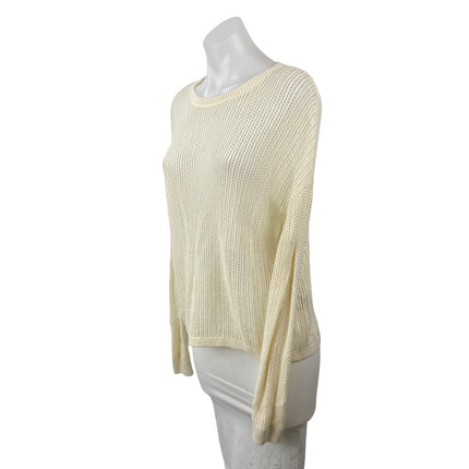 Uniqlo Women's Cream Linen Open Knit Crochet Crew Neck Long Sleeve Sweater Top M