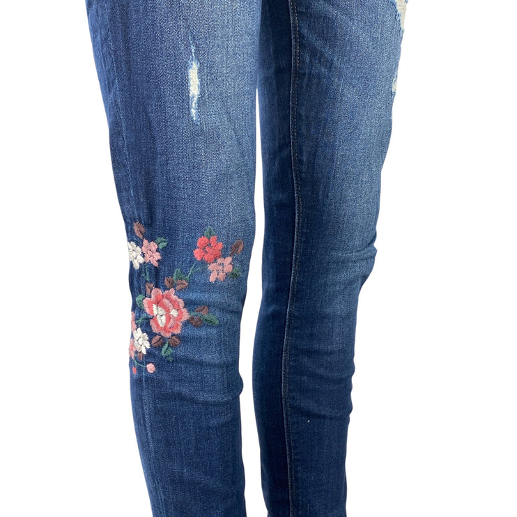 Express Stretch Blue Floral Embroidery Distressed Mid Rise Denim Jeans Pants 2