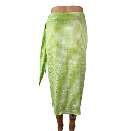 NEW Monki Women's Green Gingham Check High Rise Asymmetric Midi Wrap Skirt Sz 36
