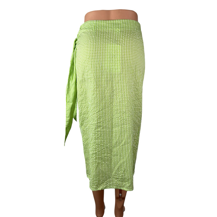 NEW Monki Women's Green Gingham Check High Rise Asymmetric Midi Wrap Skirt Sz 36