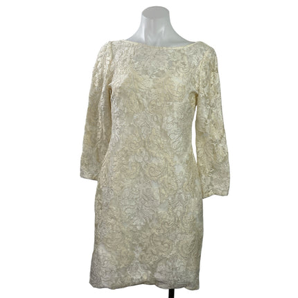 Aidan Mattox Women's Cream 3/4 Sleeves Floral Embroidered Lace Formal Dress Sz 6