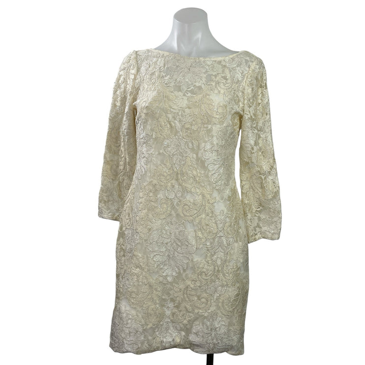 Aidan Mattox Women's Cream 3/4 Sleeves Floral Embroidered Lace Formal Dress Sz 6