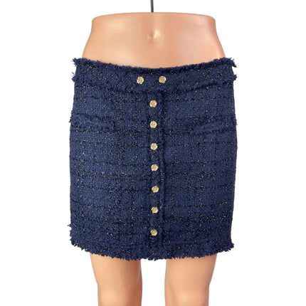 Alythea Women's Blue Tweed Frayed Hem Mid Rise Slim Button Mini Straight Skirt M