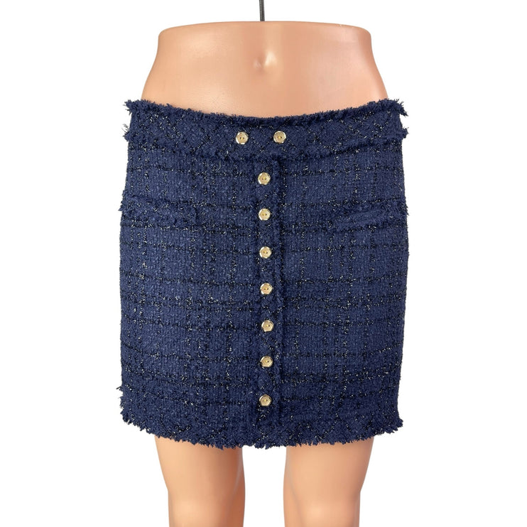 Alythea Women's Blue Tweed Frayed Hem Mid Rise Slim Button Mini Straight Skirt M