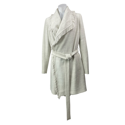 HUGO BOSS Womens White Long Sleeves Tweed Fringe Belted Shawl Wrap Coat Jacket 2