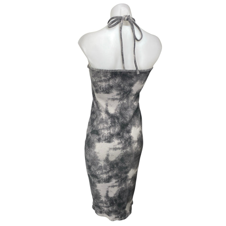 Zara Black White Tie Dye Halter Sleeveless Ribbed Knit Midi Bodycon Dress Size S