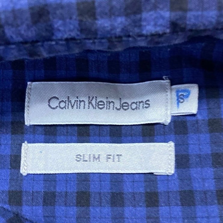 Calvin Klein Men's Blue Checkered Plaid Long Sleeve Slim Button Down Shirt Top S