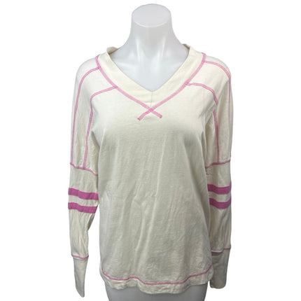 Free People Cream Pink V Neck Striped Oversized Pullover Sweatshirt Top Size S