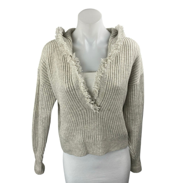 Intermix Wool Cashmere Beige Tan Rib Knit Fringe Hooded Long Sleeve Sweater Sz S