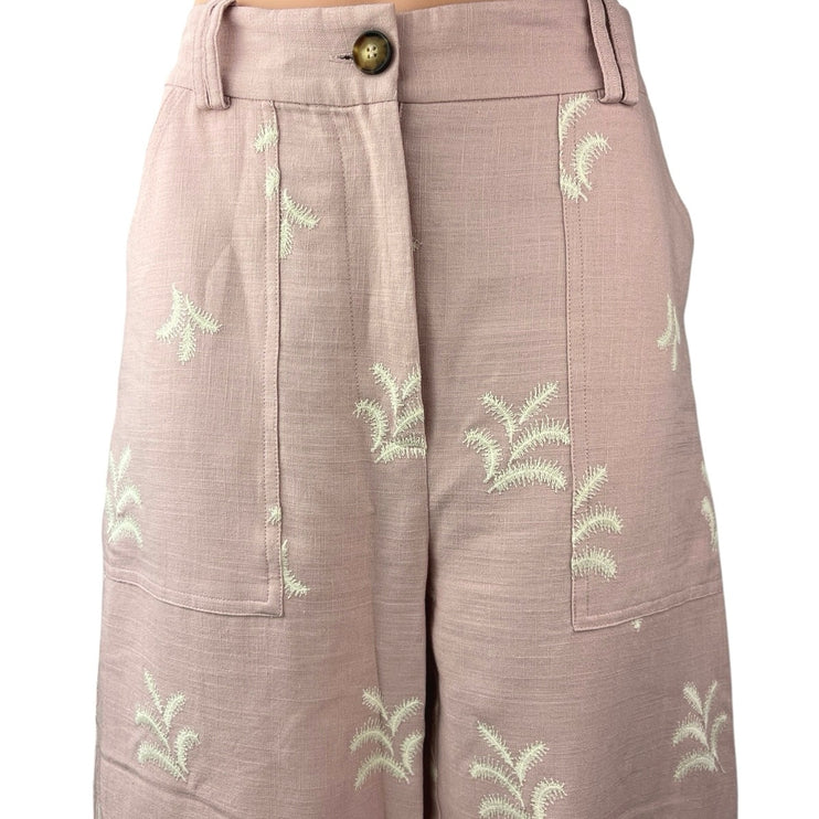 Zara Women's Pink Embroidered Palm Tree High Rise Wide Leg Trouser Pants Sz M