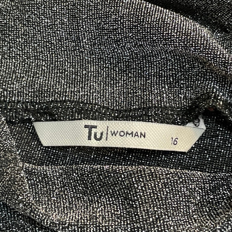 TU Silver Metallic Sparkle Ruched Mock Neck Long Sleeve T-Shirt Blouse Top Sz 16