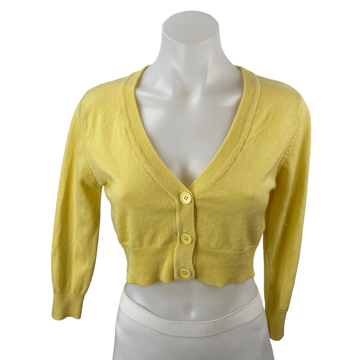 Mak Women's Yellow V Neck 3/4 Sleeve Button Down Crop Cardigan Sweater Top Sz L