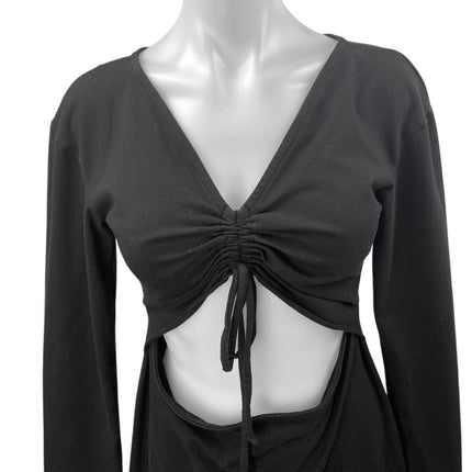 H:ours Black Long Sleeve Tie V Neck Ruched Cutout Waist Mini Bodycon Dress Sz M