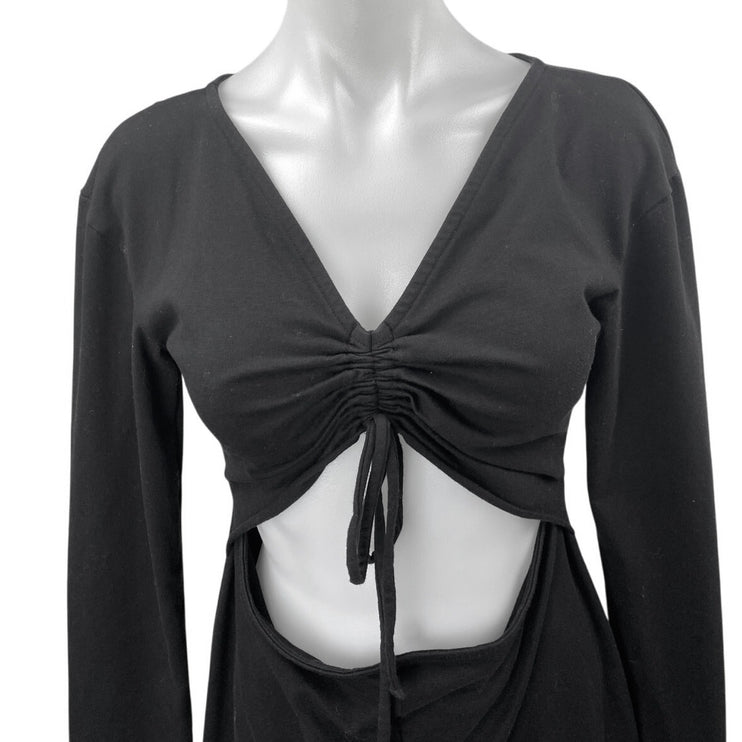 H:ours Black Long Sleeve Tie V Neck Ruched Cutout Waist Mini Bodycon Dress Sz M