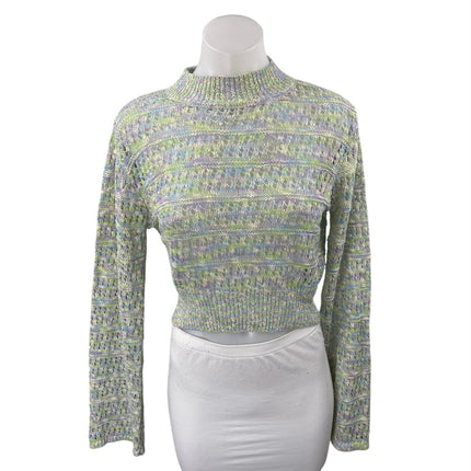 Zara Women Green Purple Knit Long Sleeve Mock Neck Cropped Sweater Top Size M