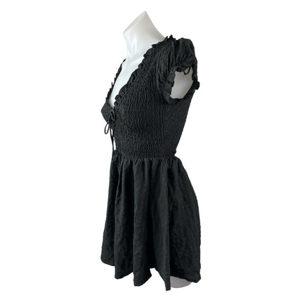 Princess Polly Black Smocked Ruffle Scoop Pleated Short Sleeve Romper Shorts 0