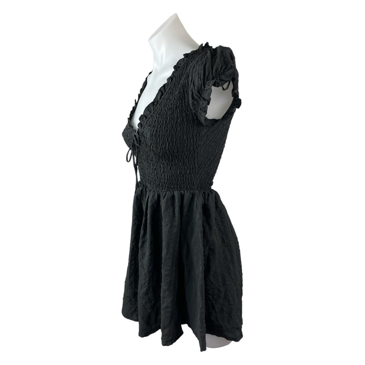 Princess Polly Black Smocked Ruffle Scoop Pleated Short Sleeve Romper Shorts 0