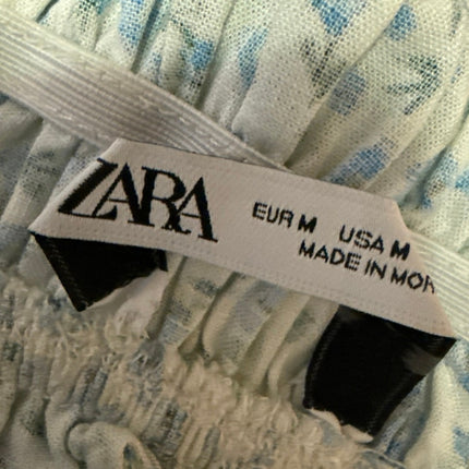 Zara Blue Linen Floral Sleeveless Smocked Mini Cami Camisole Tank Dress Size M