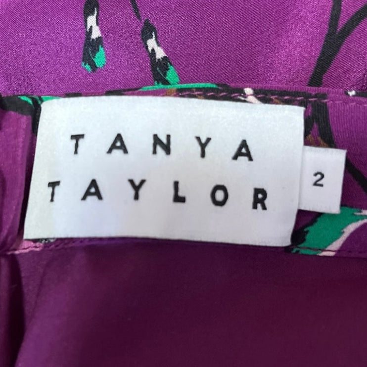Tanya Taylor Purple 100% Silk Floral Ruched High Waisted Midi Pencil Skirt Sz 2