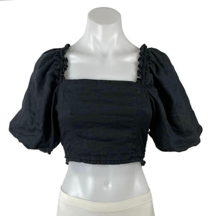 Faithfull the Brand Barnette 100% Linen Smocked Puff Sleeve Crop Blouse Top Sz 4