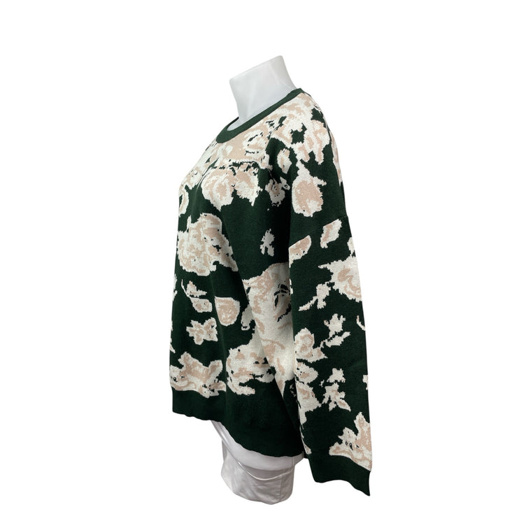 Bloomchi Women's Green Floral Crew Neck Long Sleeve Knit Sweater Top Size 22/24