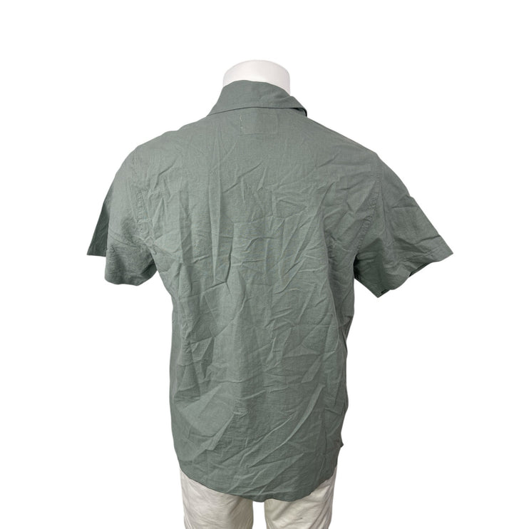 Folk Men's Green Linen Lace Floral Short Sleeve Button Down Shirt Top Size M