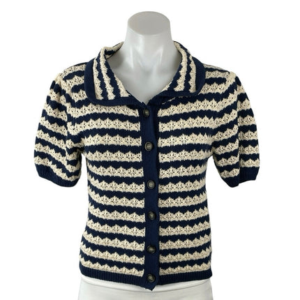 Lush Stripe Crochet Collared Short Sleeve Button Up Shirt Cardigan Sweater Top M
