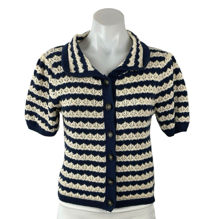 Lush Stripe Crochet Collared Short Sleeve Button Up Shirt Cardigan Sweater Top M