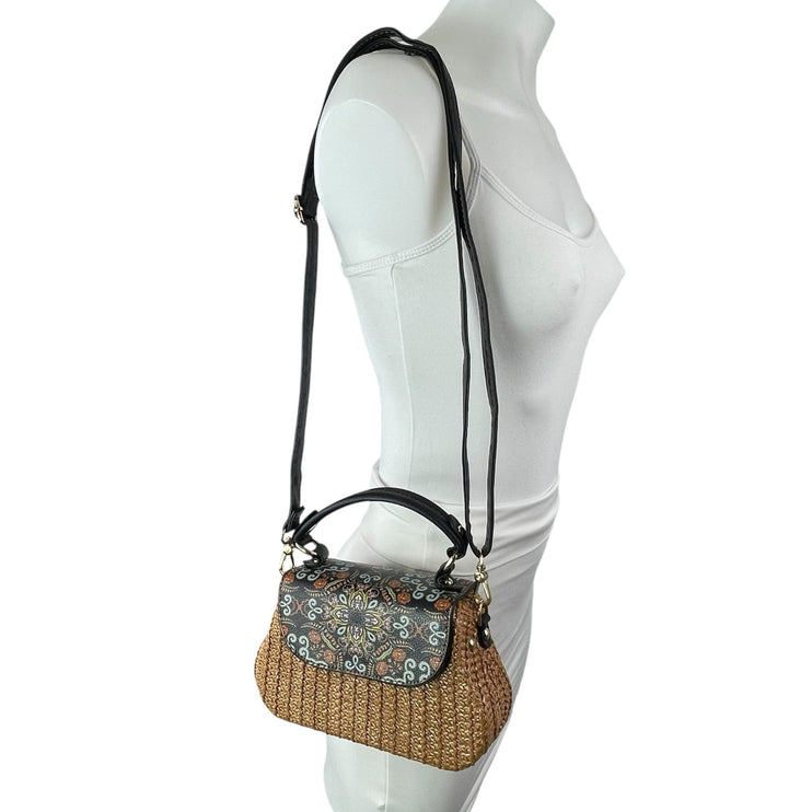 Women's Multicolor Boho Woven Straw Faux Leather Handle Crossbody Handbag OS