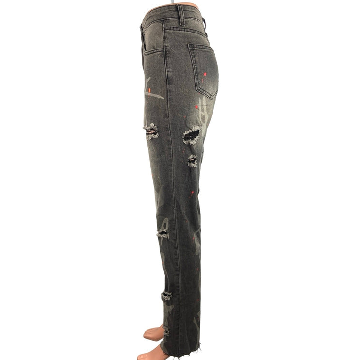 Shein Black Washed Cotton Paint Splatter Distressed Straight Leg Jeans Size 27