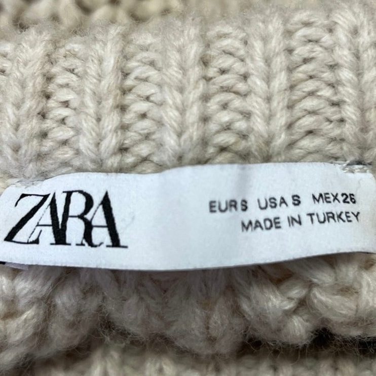 Zara Cream Tan Wool Blend Chunky Knit Round Neck Long Sleeve Pullover Sweater S