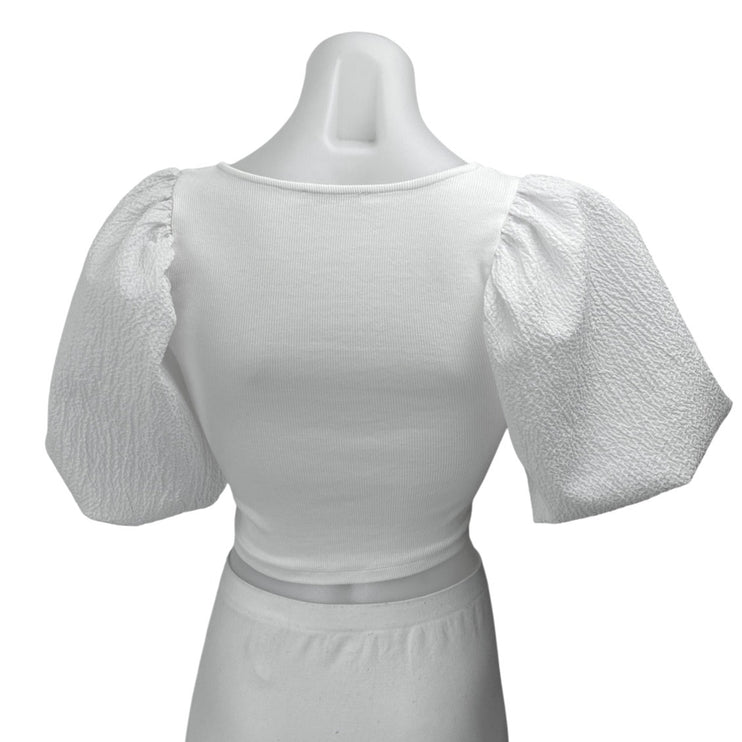 Zara Women's White Short Puff Sleeve V Neck Ribbed Knit Blouse Crop Top Size S