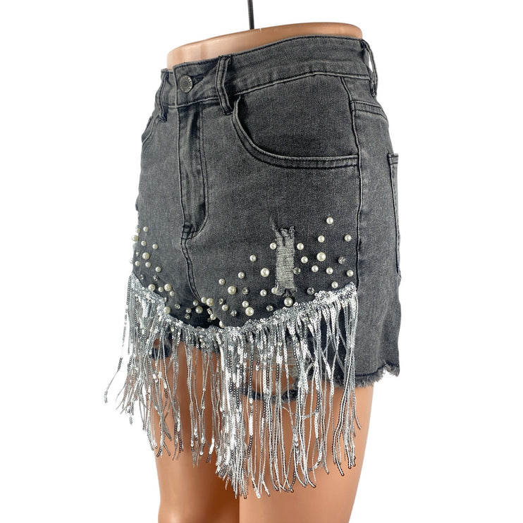 Women's Gray Distressed Pearl Rhinestone Sequin Fringe Frayed Hem Denim Shorts M