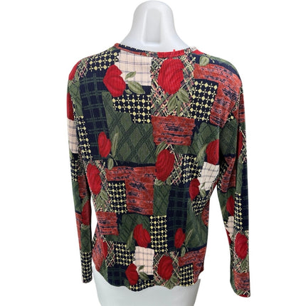 Plisse Red Corduroy Floral Patchwork Long Sleeve Button Up Blouse Top Size L