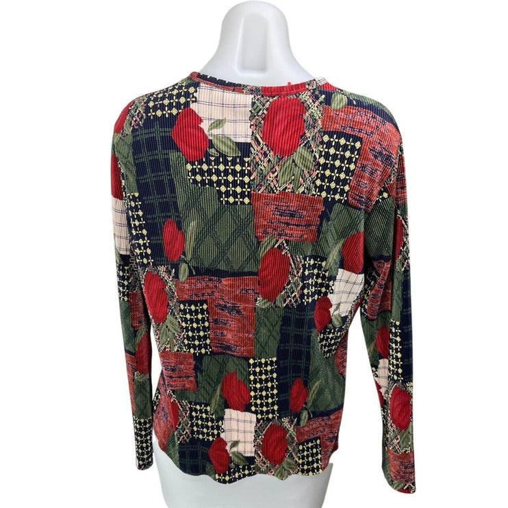 Plisse Red Corduroy Floral Patchwork Long Sleeve Button Up Blouse Top Size L