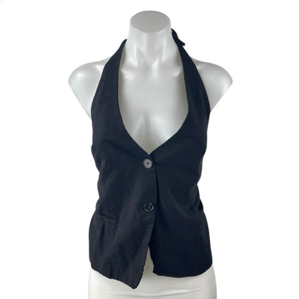 Zara Women's Black Linen Halter Tie Back Sleeveless Button Vest Tank Top Size M